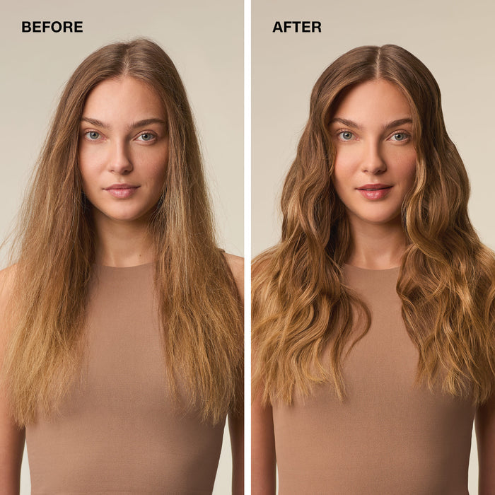 before/after image of a woman with long, blonde hair