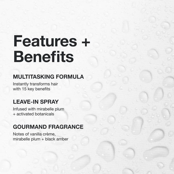Paul Mitchell 15-In-1 Spray: multitasking formula with mirabelle plum and activated botanicals and a gourmand fragrance.