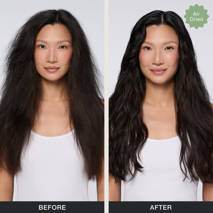 Shiny, frizz-free hair after using Paul Mitchell 3-Day No Frizz Spray on air-dried hair.