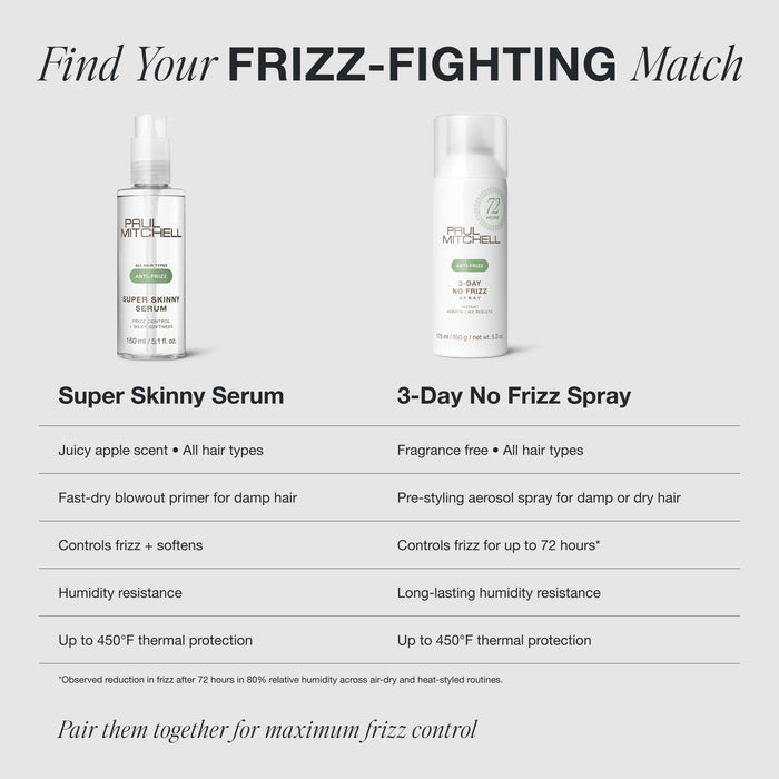 Choose Paul Mitchell 3-Day No Frizz Spray to control frizz on damp or dry hair; or Super Skinny Serum for damp hair.