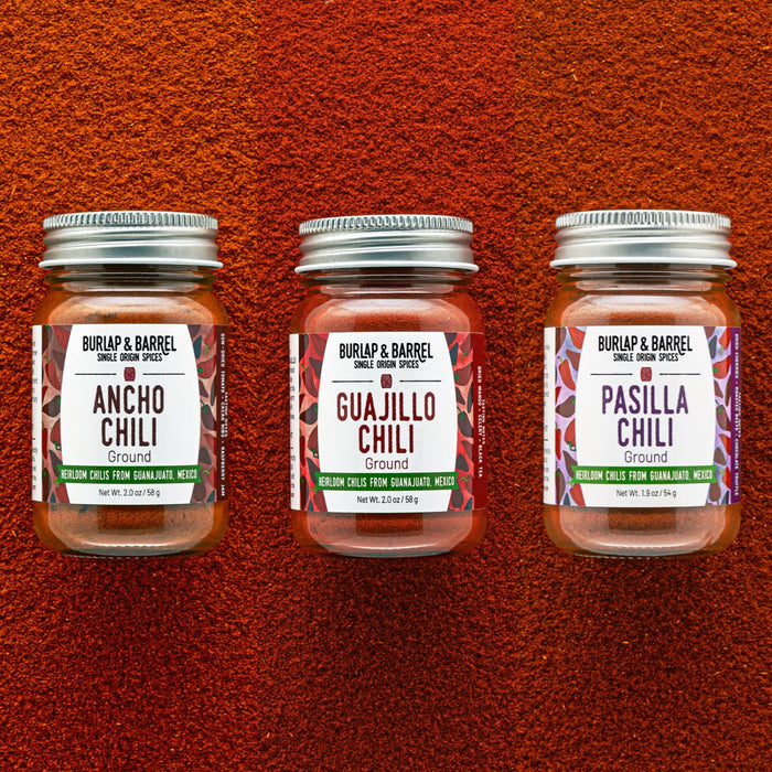Three Single origin Mexican Chilis from Burlap & Barrel: Ancho, Guajillo & Pasilla