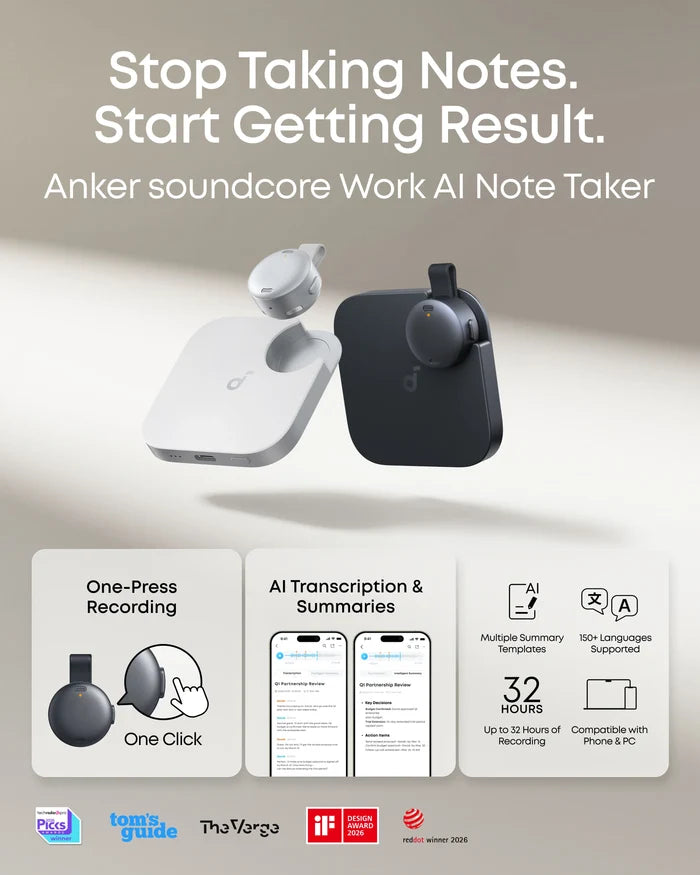 Anker soundcore Work | Coin-Sized Wearable AI Note Taker / Voice Recorder