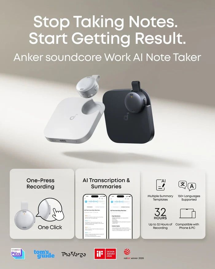 Anker soundcore Work | Coin-Sized Wearable AI Note Taker / Voice Recorder