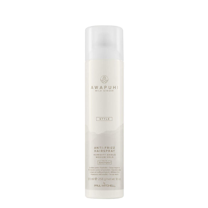 An off-white / cream bottle of Awapuhi Wild Ginger Anti-Frizz Hairspray on a white background