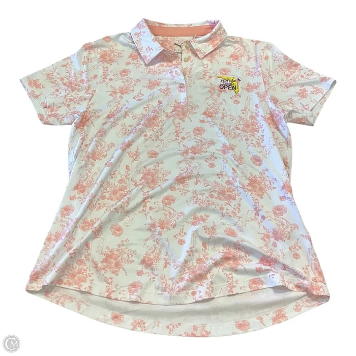 Athletic Top Short Sleeve By Puma In Pink & White, Size: M