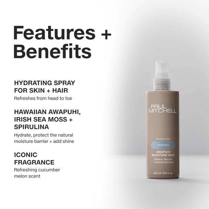Features and benefits infographic for Paul Mitchell Awapuhi Moisture Mist