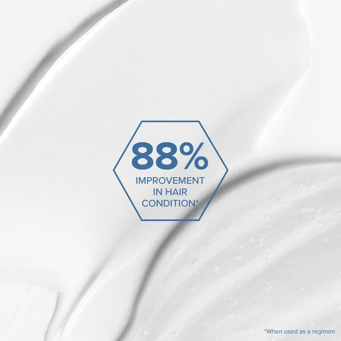 Claim on hair improvement if following the Bond Rx Shampoo, Conditioner, & Treatment regimen. Background is close-up image of smear