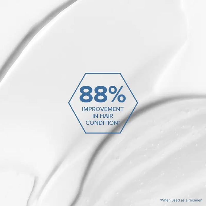 Claim for hair improvement when following the Bond Rx Shampoo, Conditioner, & Treatment regimen. Background is close-up image of the smear