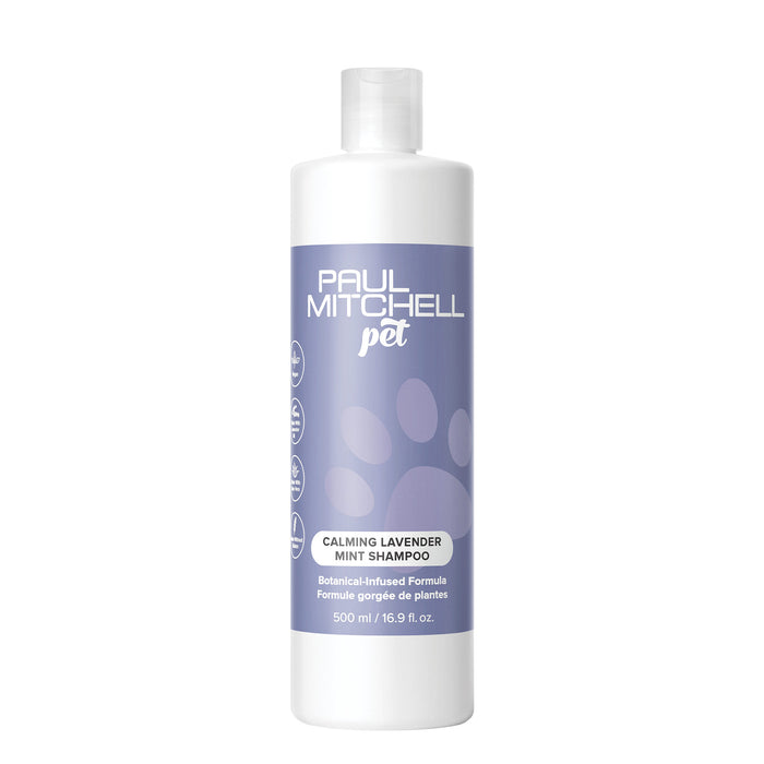 A bottle of Paul Mitchell Pet Calming Lavender Mint Shampoo with a white and purple label, 330ml in size.