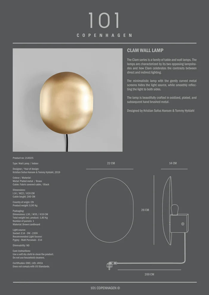 Clam Wall Lamp - Brass Lamps 101 Copenhagen