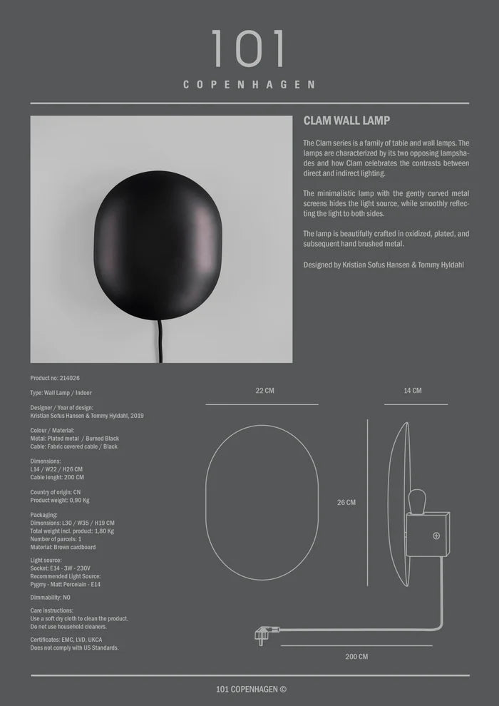 Clam Wall Lamp - Burned Black Lamps 101 Copenhagen