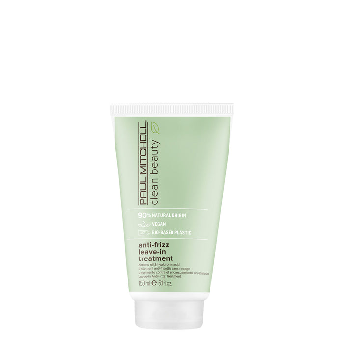 A tube of Clean Beauty Anti-Frizz Leave-In Treatment on a white background