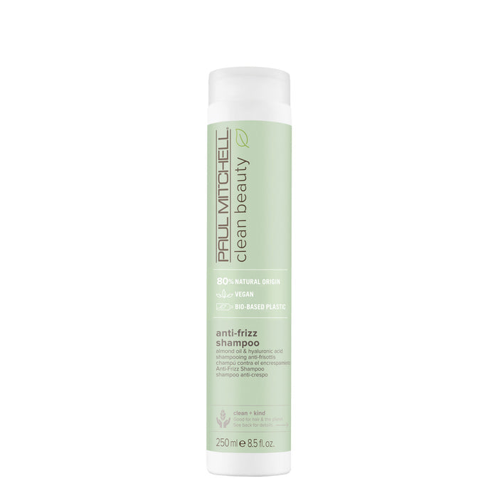 A bottle of Clean Beauty Anti-Frizz Shampoo on a white background