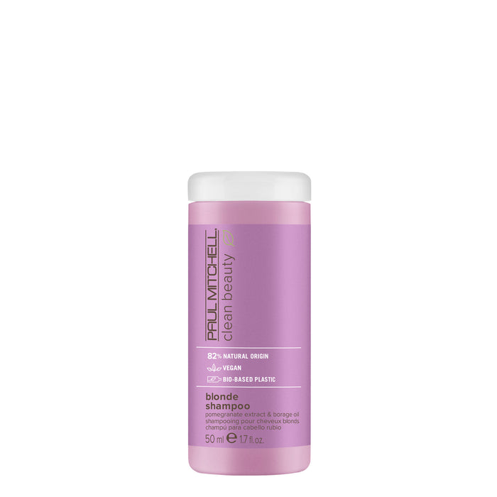 A bottle of Clean Beauty Blonde Shampoo by Paul Mitchell with a purple label on a white background.