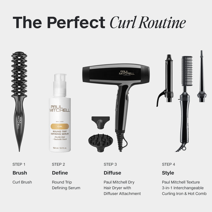 The Perfect Curl Routine features the Curl Brush, Round Trip Defining Serum, Hair Dryer Diffuser and Curling Iron/Hot Comb.
