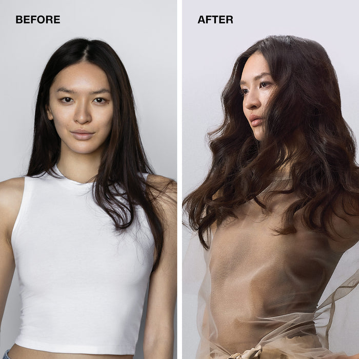 before/after image of a woman with long, brunette hair
