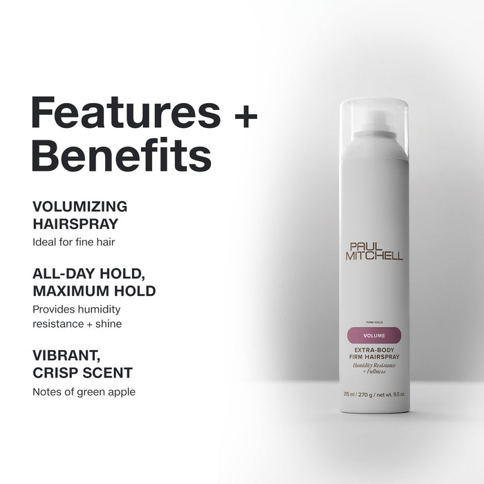 Features and benefits infographic for Extra-Body Firm Hairspray