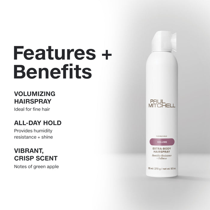 Features and benefits infographic for Extra-Body Hairspray