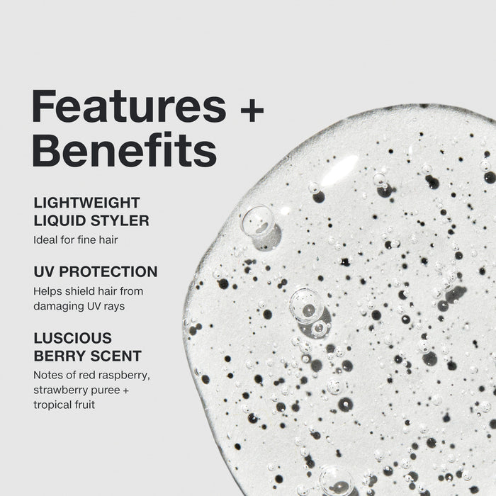 Features and benefits smear infographic for Paul Mitchell Extra-Body Thicken Up Styling Liquid