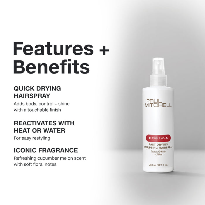 Paul Mitchell Fast Drying Sculpting Hairspray: quick-drying hairspray reactivates with heat or water; cucumber melon scent.