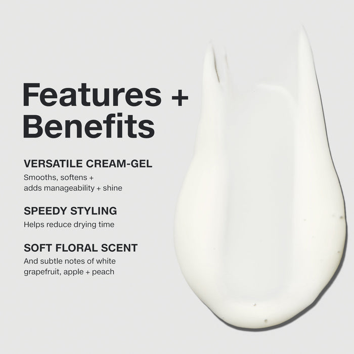 Features and benefits smear infographic for Paul Mitchell Fast Form Styling Cream Gel