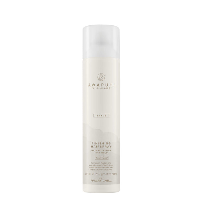 A white aerosol can of Awapuhi Wild Ginger Finishing Spray with a label and text displaying the brand name and product type.