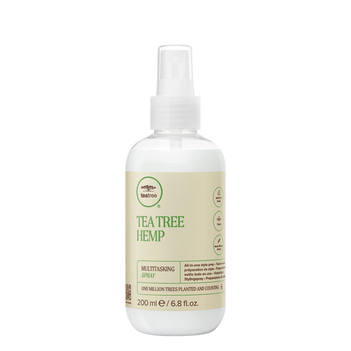 A bottle of Tea Tree Hemp Multitasking Spray on a white background.