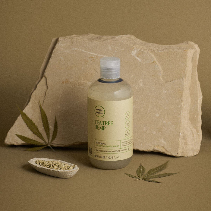 Hemp Restoring Shampoo and Body Wash in a artistic setting