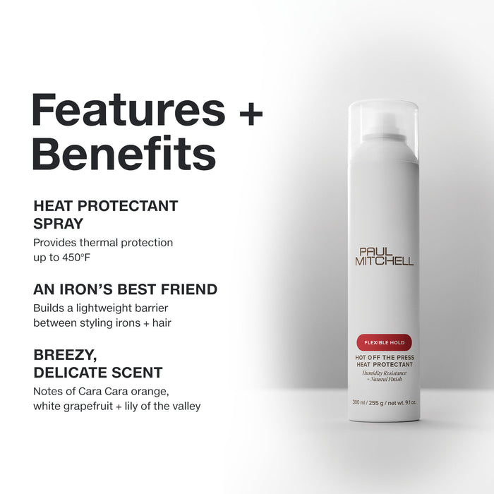 Features and benefits infographic for Paul Mitchell Hot Off The Press Heat Protectant