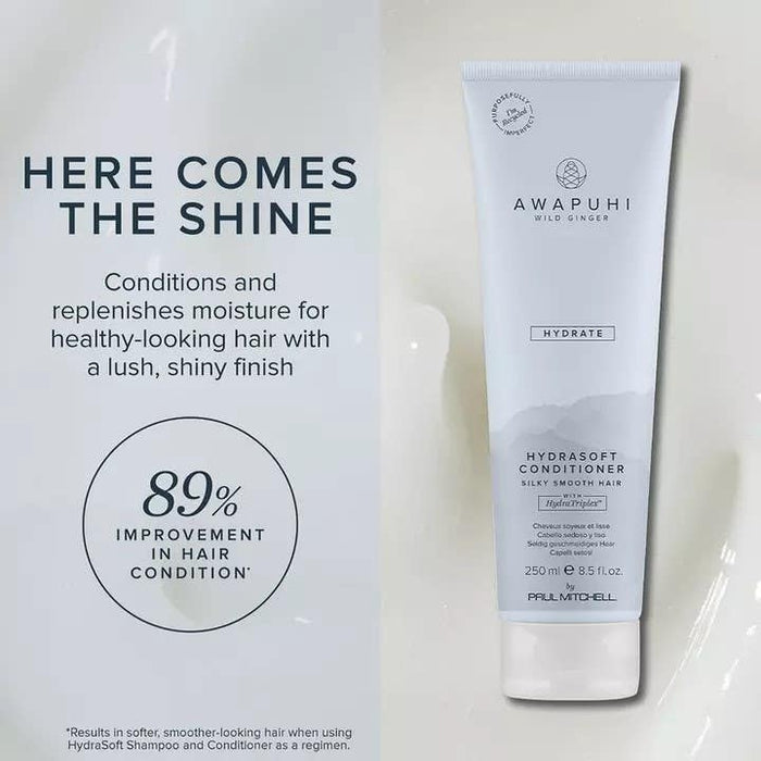 Awapuhi Wild Ginger HydraSoft Conditioner infographic and claim