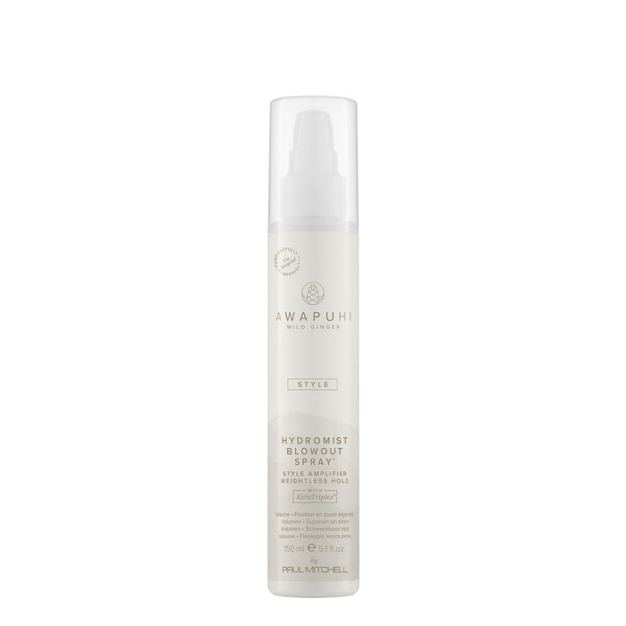 A white spray bottle with a label reading 'HydroMist Blowout Spray' from the brand Awapuhi Wild Ginger.