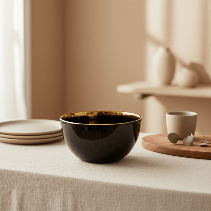 Ida Black Glass Bowl with Gold Rim
