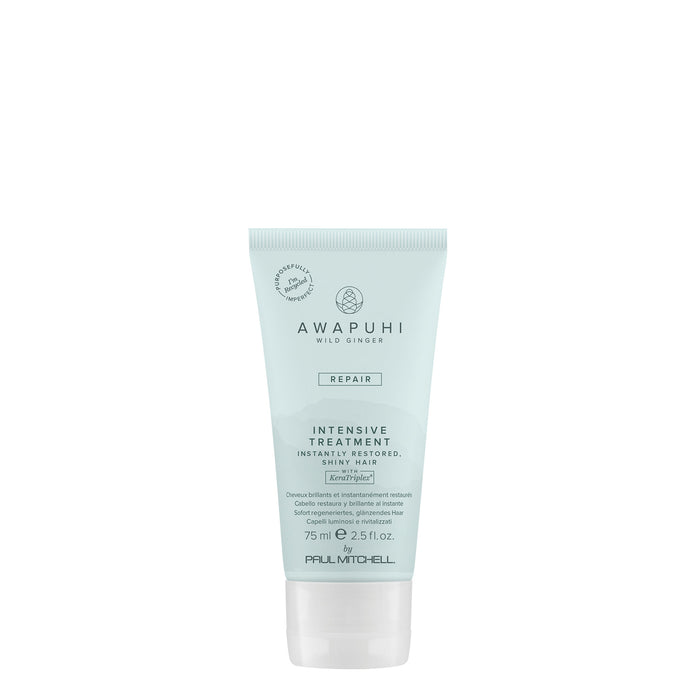 A tube of Awapuhi Intensive Treatment hair mask with a light blue label and green cap, branded for Awapuhi Wild Ginger.