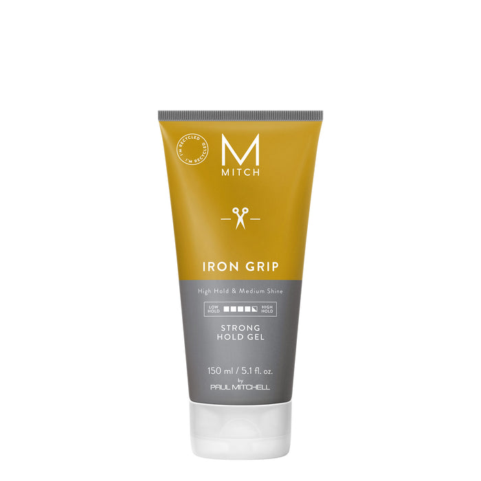 A tube of Mitch Iron Grip Strong Hold Gel for hair styling.