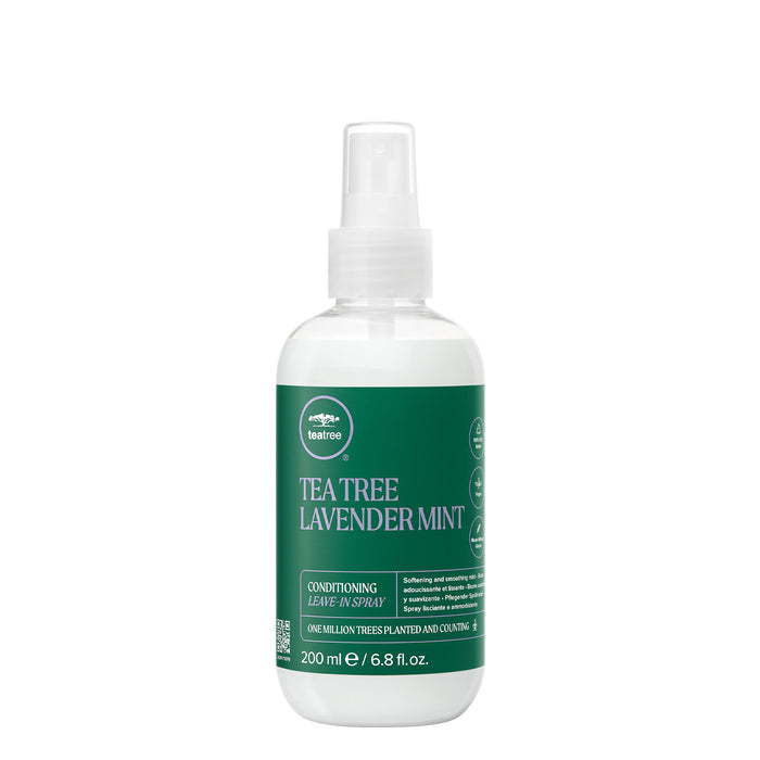 A bottle of Tea Tree Lavender Mint Conditioning Leave-In Spray on a white background