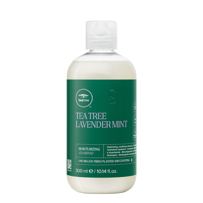A bottle of Tea Tree Lavender Mint Moisturizing Shampoo on a white background