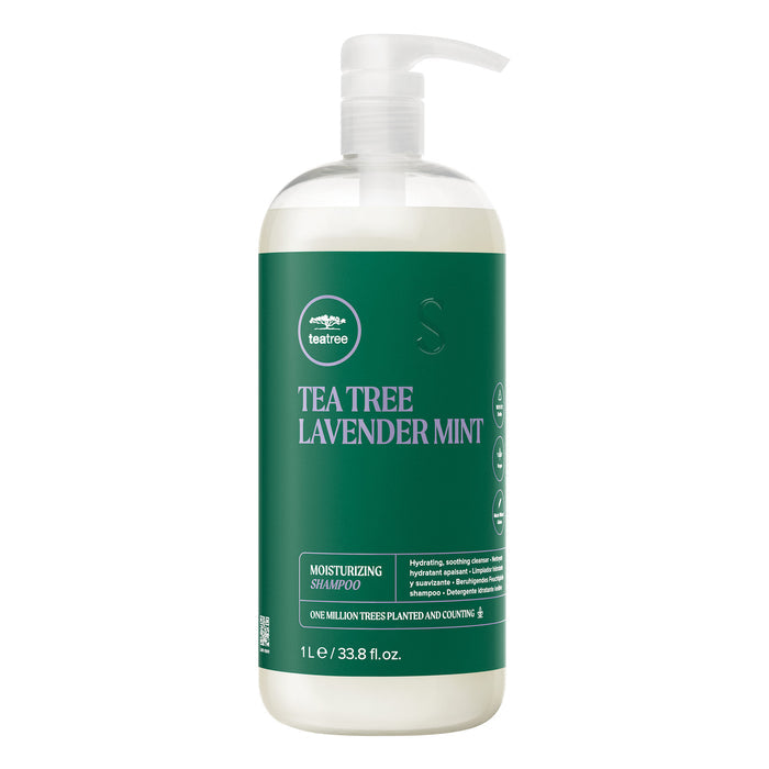 A bottle of Tea Tree Lavender Mint Moisturizing Shampoo on a white background