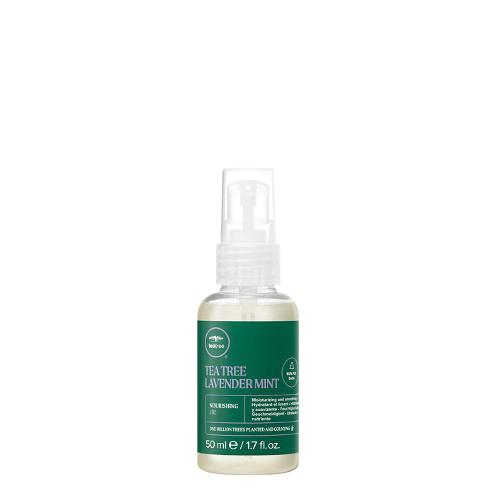 A bottle of Tea Tree Lavender Mint Nourishing Oil on a white background.