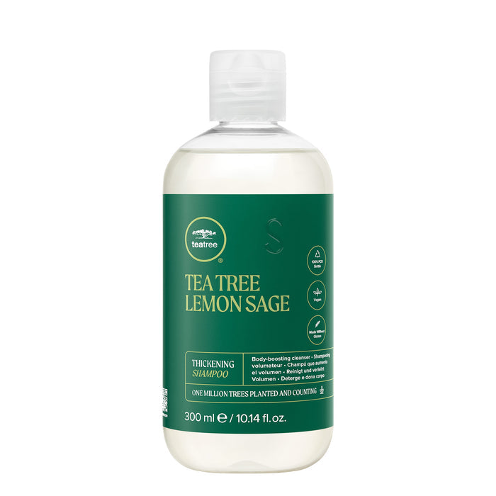 A bottle of Tea Tree Lemon Sage Thickening Shampoo on a white background