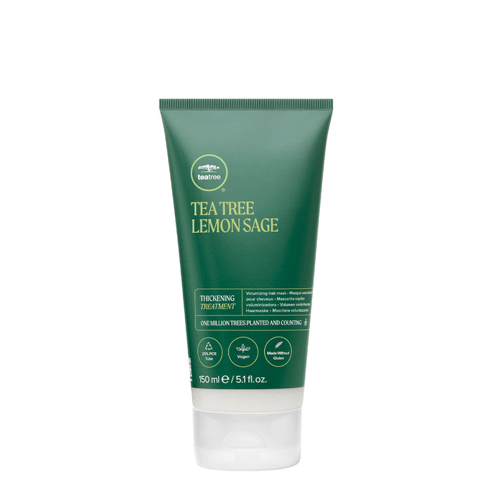 A tube of Tea Tree Lemon Sage Thickening Treatment hair mask on a white background
