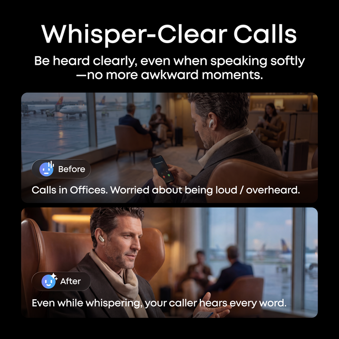 soundcore Liberty 5 Pro Max ANC earbuds whisper-clear call quality comparison - be heard clearly even in noisy environments like airports and offices