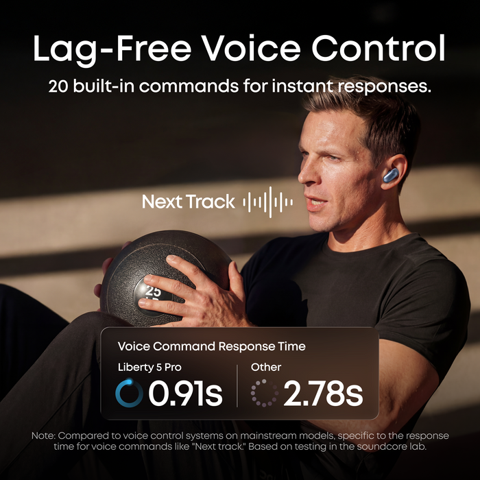 soundcore Liberty 5 Pro noise cancelling earbuds with lag-free voice control - 0.91s response time for 20 built-in commands, faster than mainstream ANC earbuds