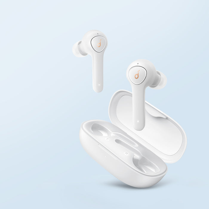 soundcore white wireless earbuds with charging case