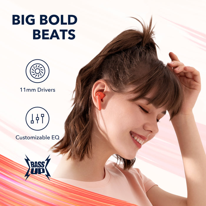 soundcore orange earbuds with 11mm drivers for BassUp