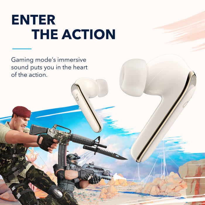 soundcore white earbuds with gaming mode for immersive action