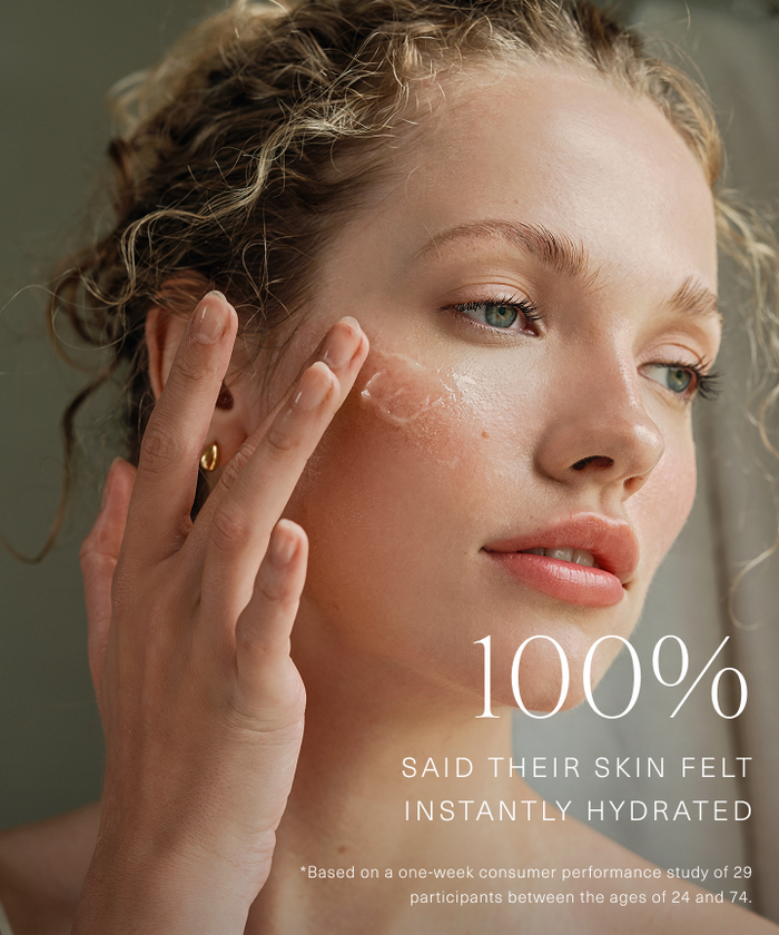 A woman applies Moisture Rich Balm to her cheek, revealing smooth, glowing skin. "100% said skin felt instantly hydrated," per a study of 29 participants aged 24–74. Sea Buckthorn Oil helps deeply moisturize.