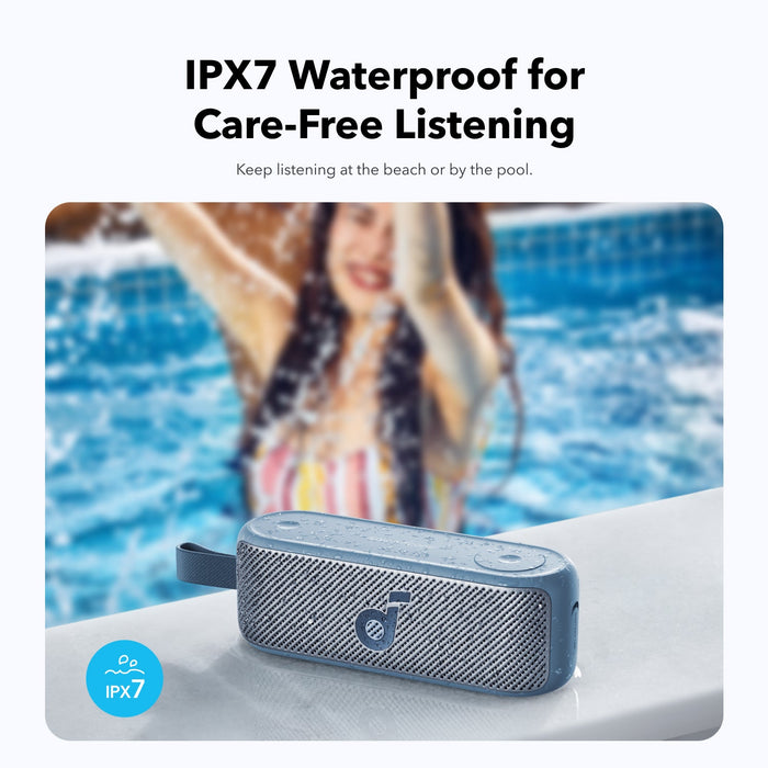 soundcore waterproof speaker with IPX7 near a pool