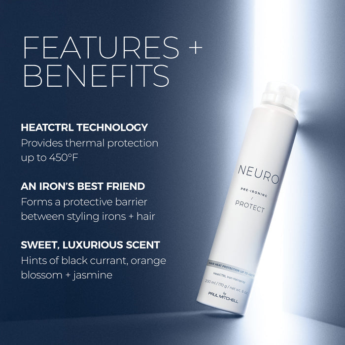 Neuro Protect HeatCTRL Iron Hairspray: heat protection up to 450°F forms a protective barrier with a sweet, luxurious scent.