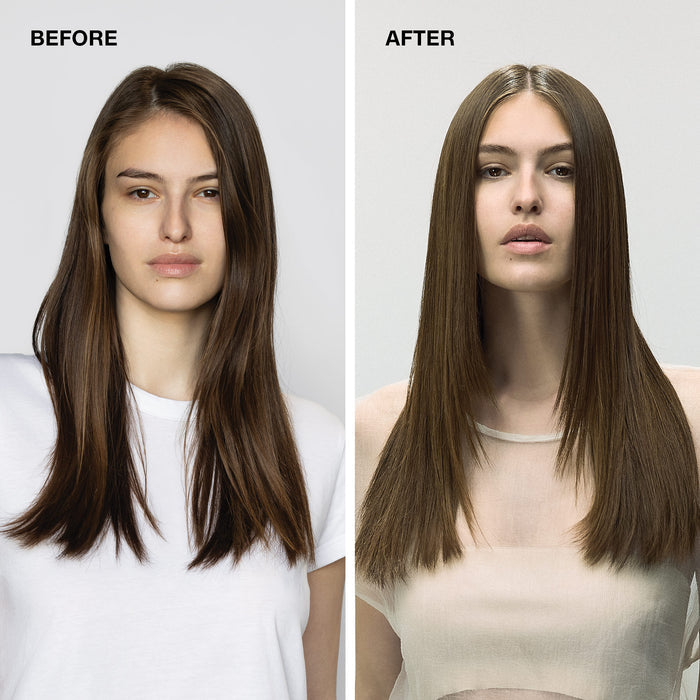 before/after image of a woman with long, straight brunette hair