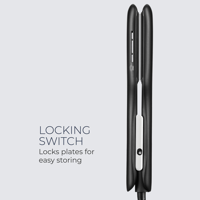 The Neuro Smooth+ 1.75" Ceramic Straightening & Styling Iron features a switch that locks plates for easy storage.